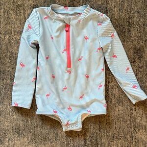Striped Long Sleeve Swimsuit with Pink Accents